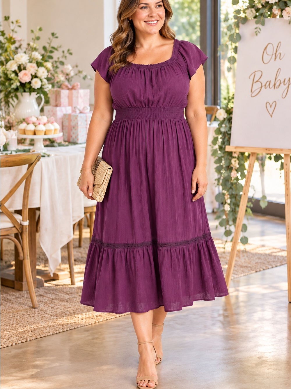 BLOOMCHIC Plum Purple Smocked Waist Midi Dress 18-20